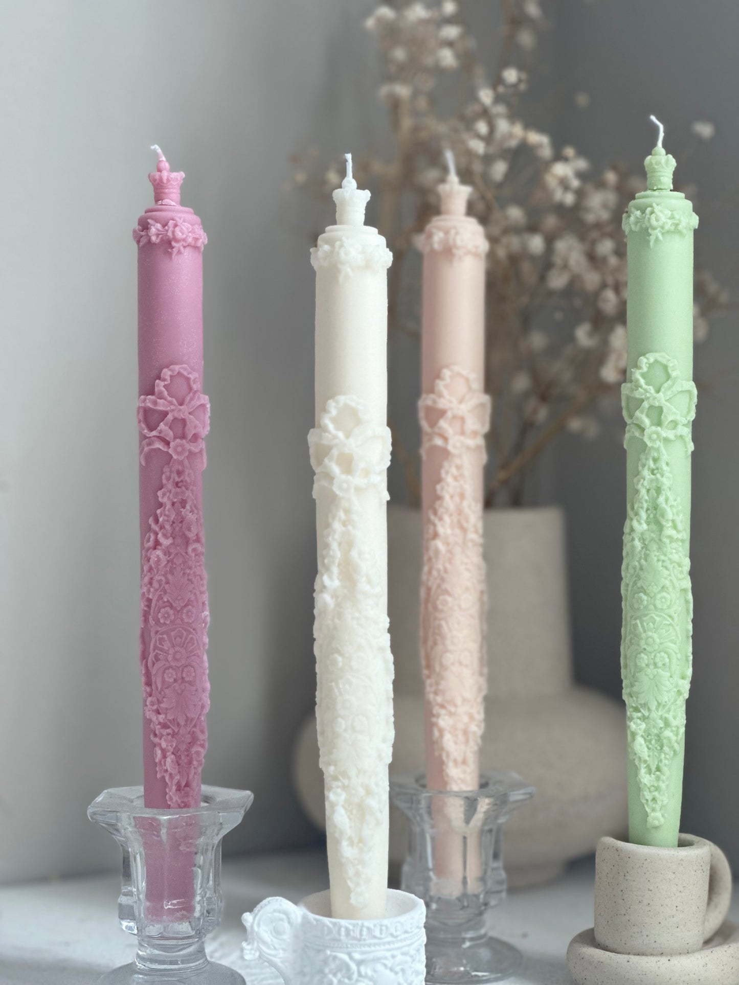 Embossed Rose Luxe Taper Candle 9'' (A Pair)