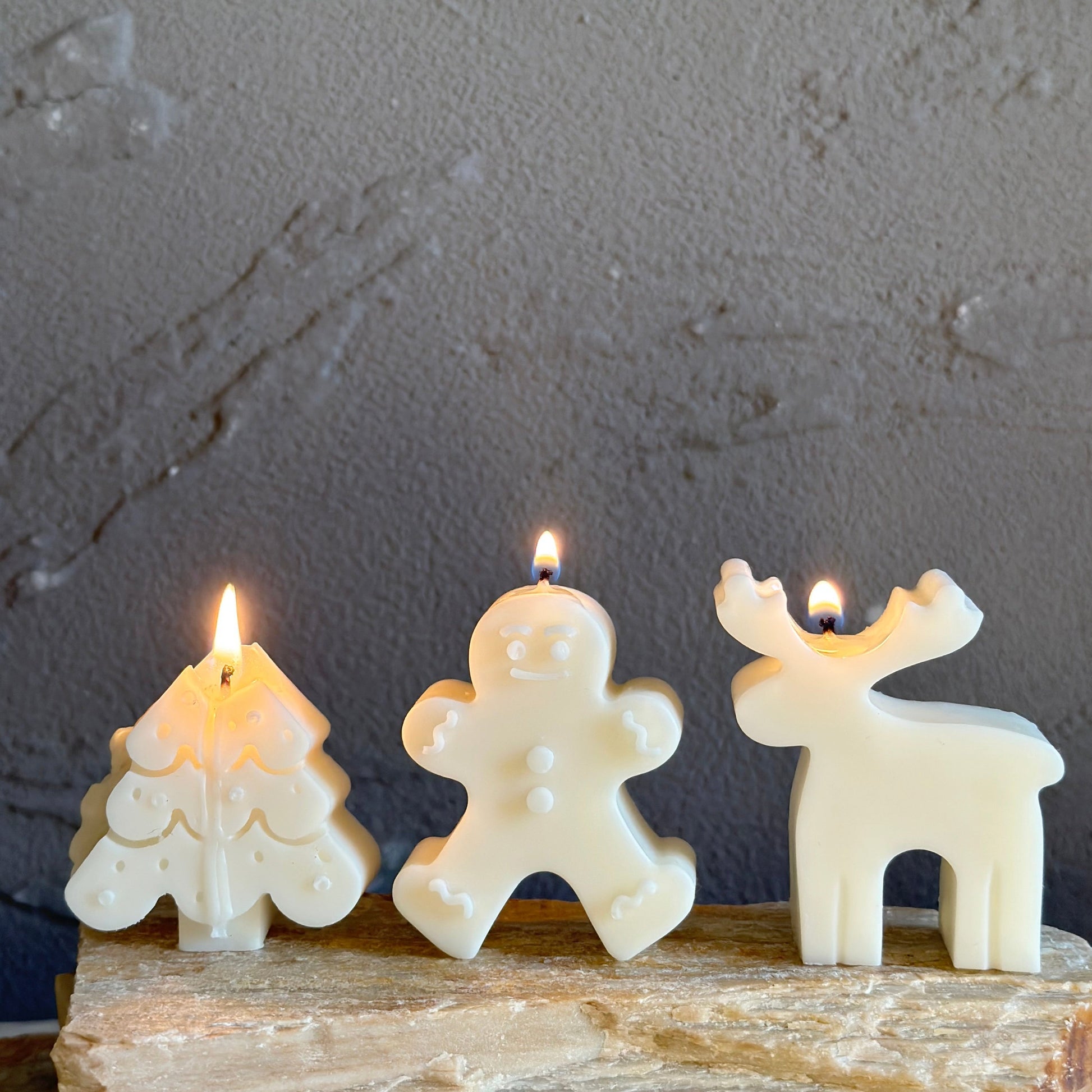 Christmas Character Candle Set Featuring Tree Gingerbread Man and Reindeer Soy Wax Candles