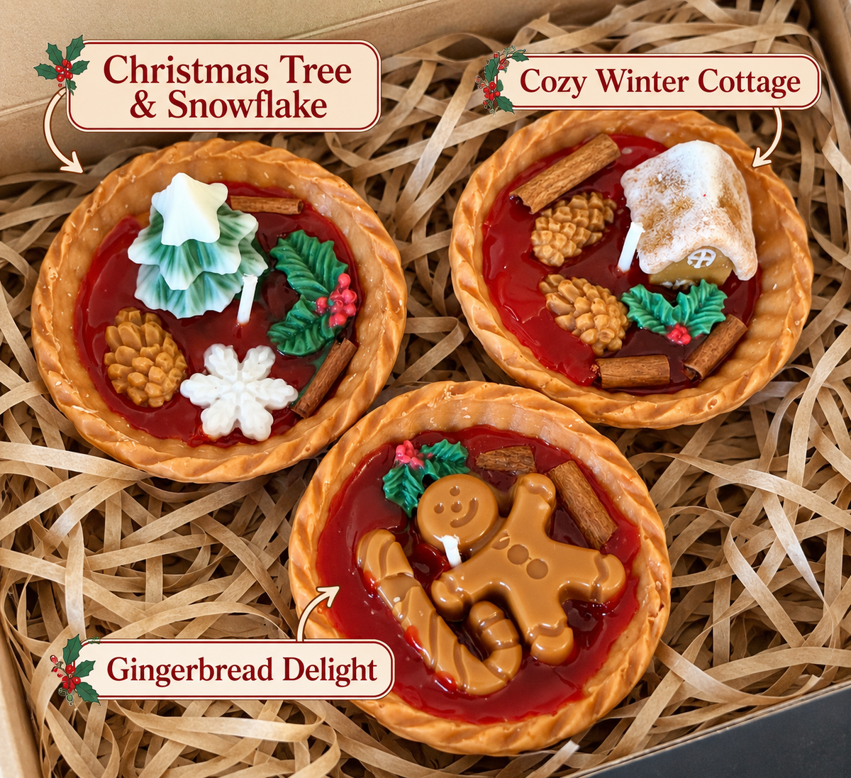 Christmas Tart Candle Gift Set of 3 | Handmade Holiday Dessert Candles