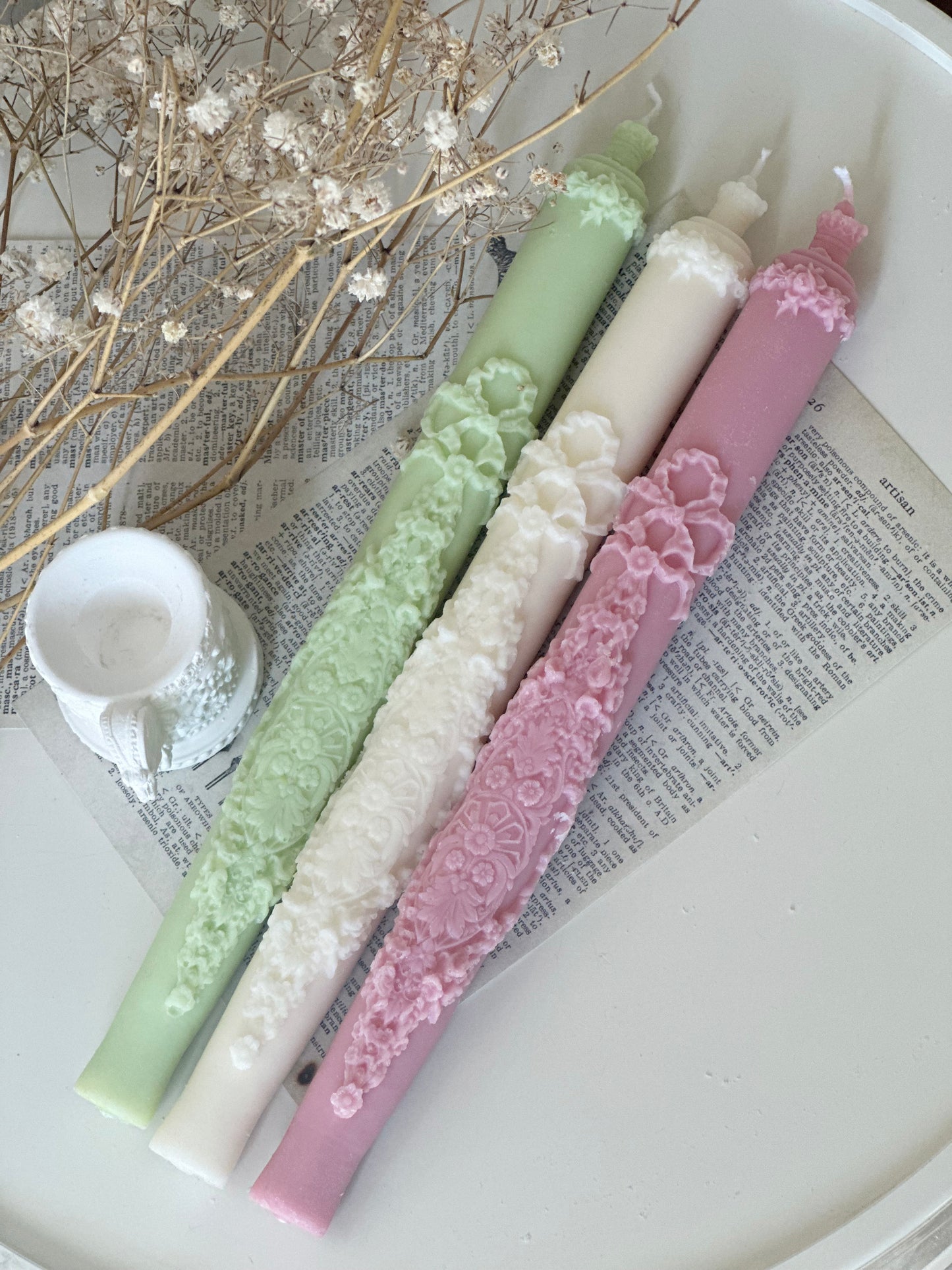 Embossed Rose Luxe Taper Candle 9''  (A Pair)