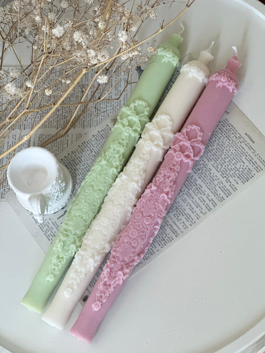 Embossed Rose Luxe Taper Candle 9''  (A Pair)
