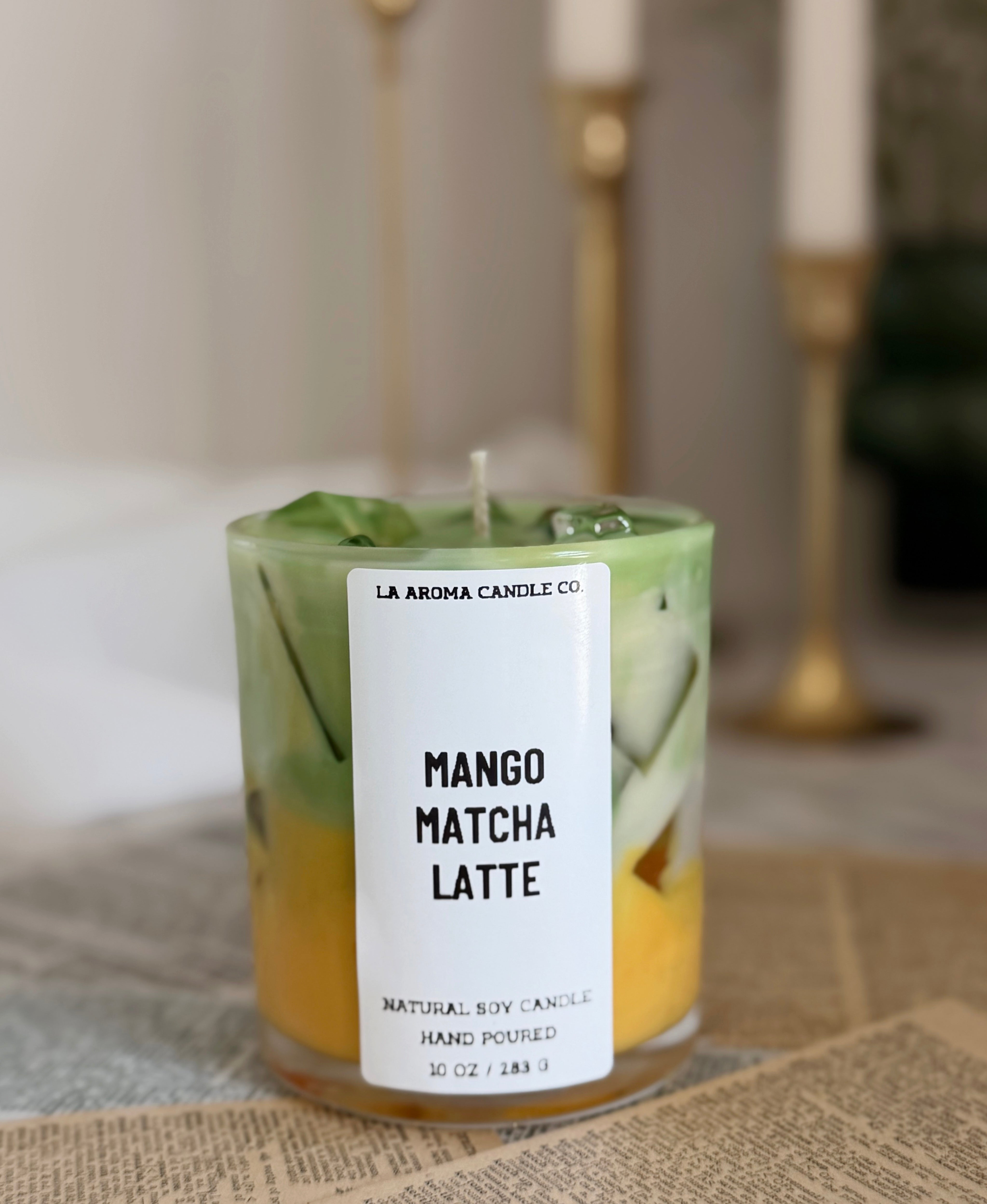 Mango Matcha Latte Candle Handmade Soy Wax Candle in 10oz Glass Jar